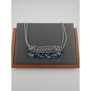 Kenneth Cole Silver Tone Beaded Chain Mail Statement Necklace Blue Iridescent